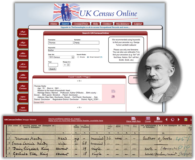 Thomas Hardy in the 1911 Census at UKCensusOnline.com