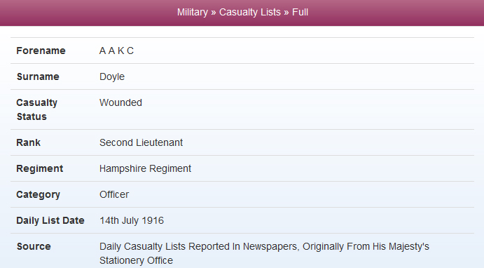 AAKC Doyle in the wounded list for 14 July 1916