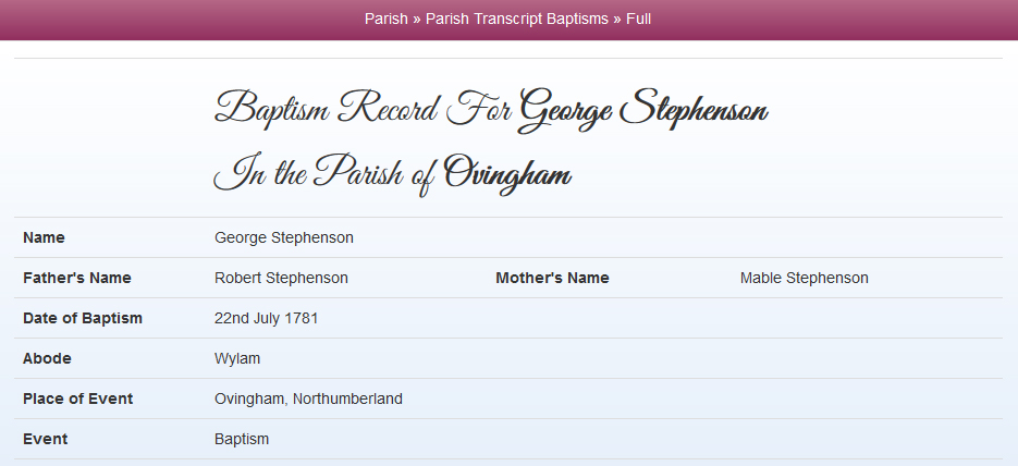 Baptism for George Stephenson