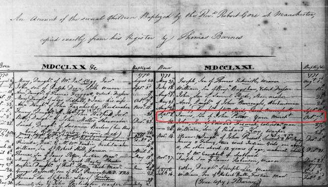 Birth and baptism dates of James Potter in 1771