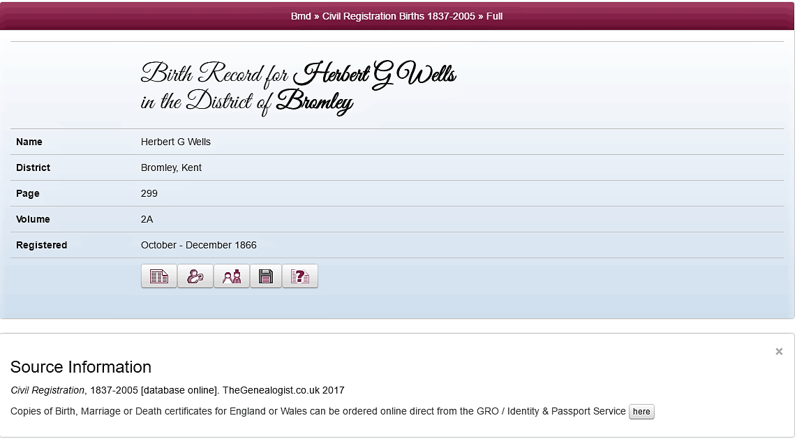 HG Wells Birth Certificate