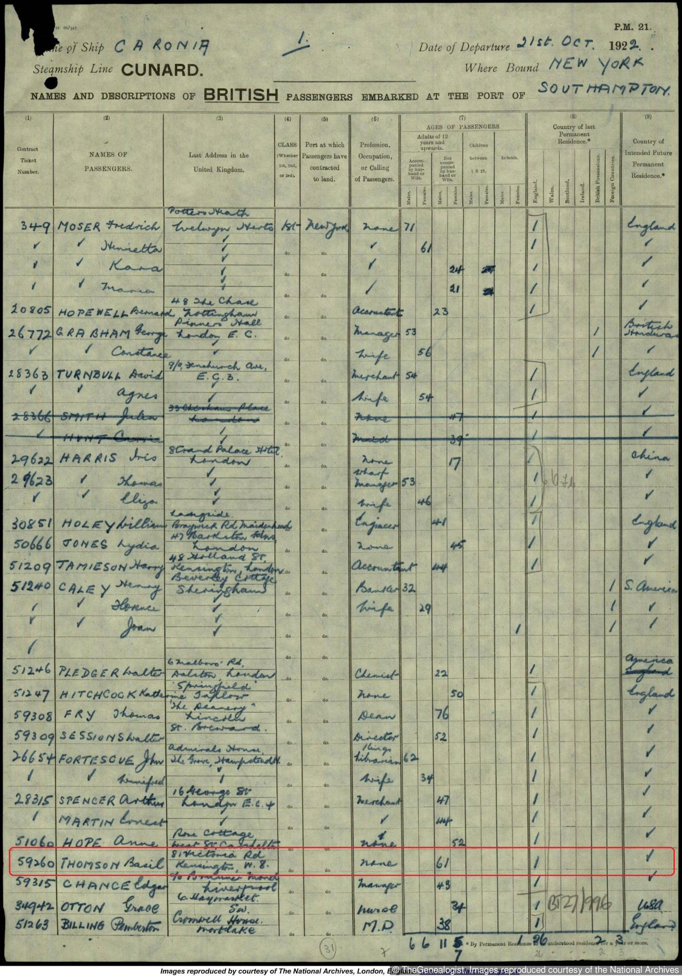 Basil in a New York outbound passenger list