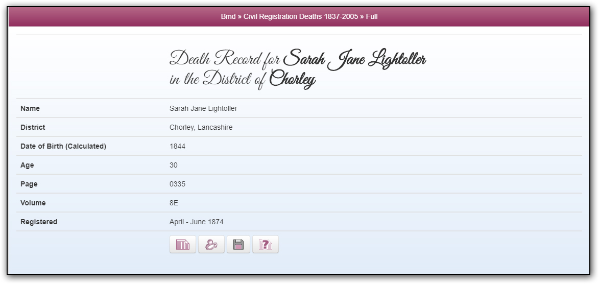 Death record of Sarah Jane Lightoller